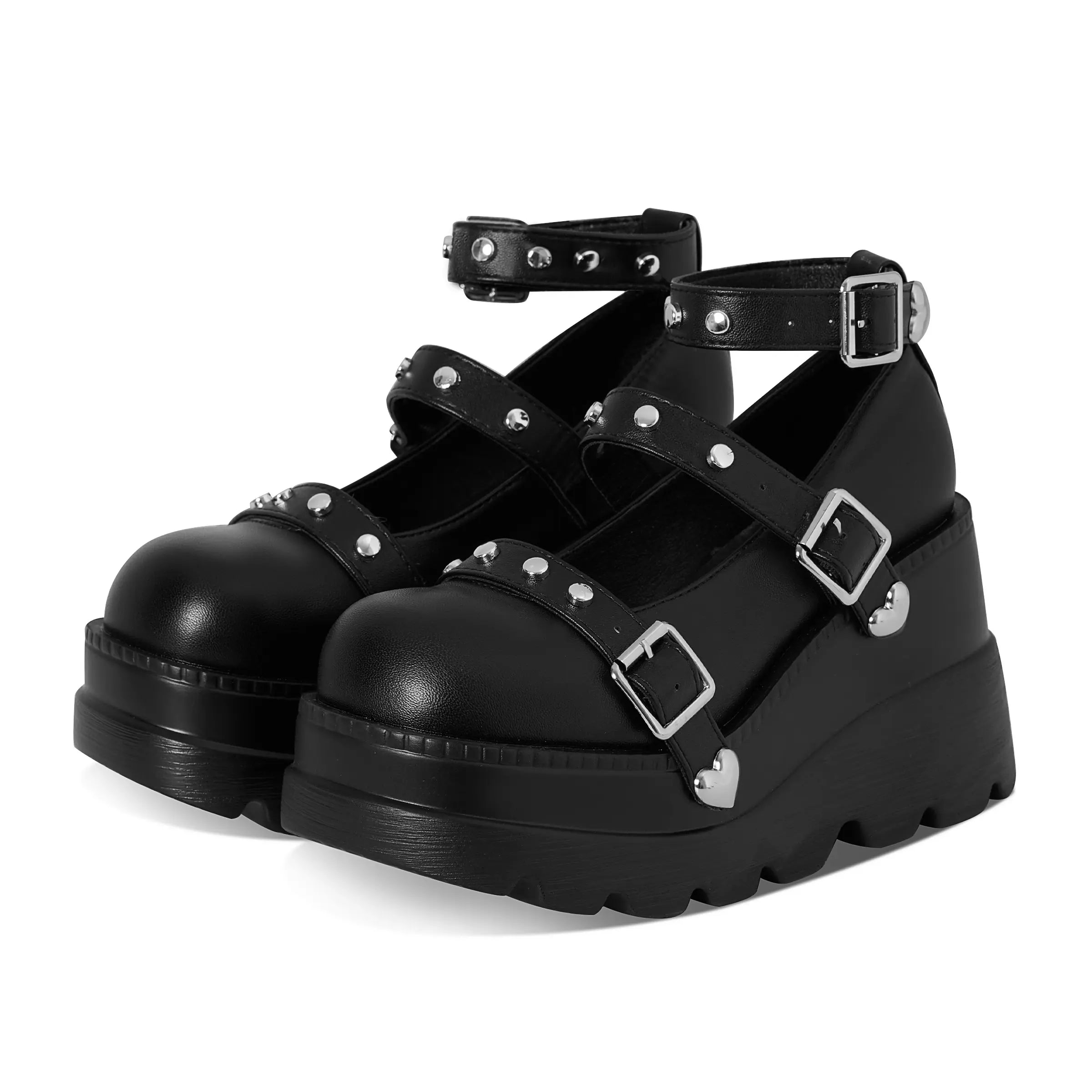 Platform Ankle Boots for Women Goth Boot round Toe Ankle Strap Buckle Heart Studs Fashion Rave Punk Concert Night Club Jennifers Body Trendy Gothic Short Booties