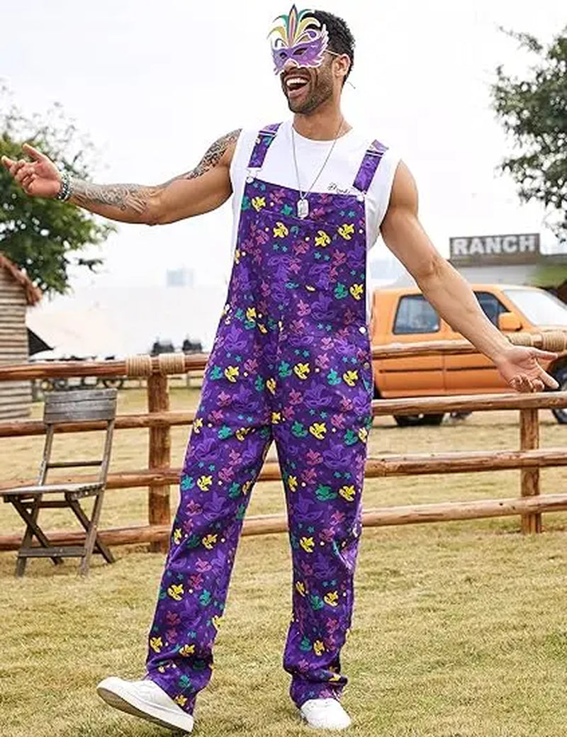 Yuanbang 2026 Spring New Style Men Mardi Gras Overalls Stretch Denim Bibs Work Coveralls Printed Jumpsuits Purple Romper Y2K Festival Outfits Holiday Gifts Menswear